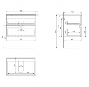 Aqualine Paneda Strip mosdótartó szekrény, mosdó nélkül, 74,5 x 55 x 45,2 cm, Emporio tölgy