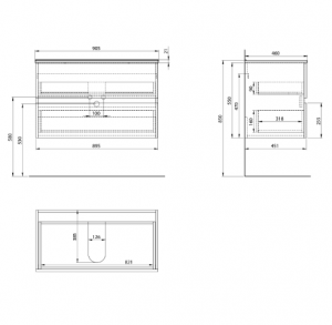 Aqualine Paneda Strip mosdótartó szekrény, mosdó nélkül, 89,5 x 55 x 45,2 cm, Emporio tölgy