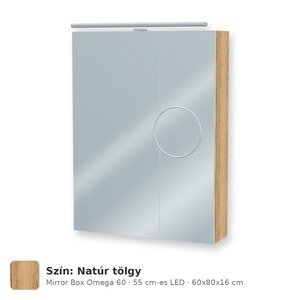 Tboss Mirror Box Omega 60 tükrös felsőszekrény, 2 ajtós, 55 cm-es LED-lámpával, Natúr tölgy