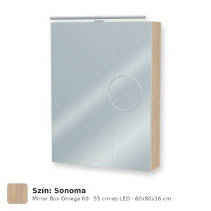 Tboss Mirror Box Omega 60 tükrös felsőszekrény, 2 ajtós, 55 cm-es LED-lámpával, Sonoma
