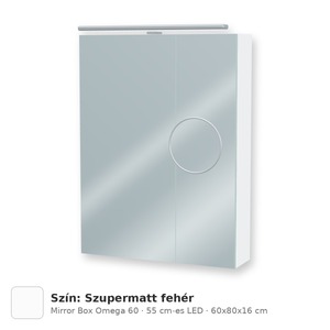 Tboss Mirror Box Omega 60 tükrös felsőszekrény, 2 ajtós, 55 cm-es LED-lámpával, Szupermatt fehér