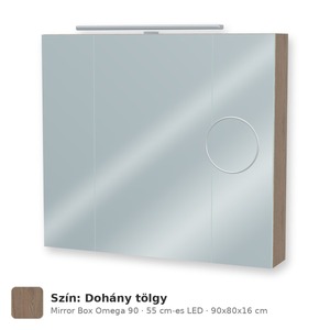 Tboss Mirror Box Omega 90 tükrös felsőszekrény, 3 ajtós, 55 cm-es LED-lámpával, Dohány tölgy