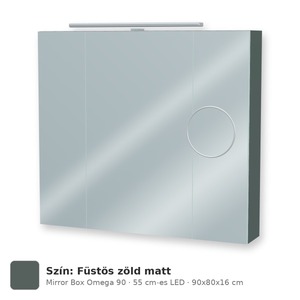 Tboss Mirror Box Omega 90 tükrös felsőszekrény, 3 ajtós, 55 cm-es LED-lámpával, Füstös zöld matt