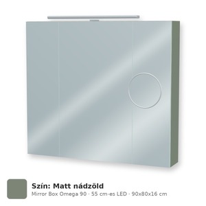 Tboss Mirror Box Omega 90 tükrös felsőszekrény, 3 ajtós, 55 cm-es LED-lámpával, Matt nádzöld