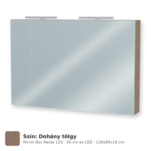 Tboss Mirror Box Recta 120 tükrös felsőszekrény, 4 ajtós, 30 cm-es LED-lámpával, Dohány tölgy