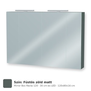 Tboss Mirror Box Recta 120 tükrös felsőszekrény, 4 ajtós, 30 cm-es LED-lámpával, Füstös zöld matt
