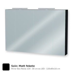 Tboss Mirror Box Recta 120 tükrös felsőszekrény, 4 ajtós, 30 cm-es LED-lámpával, Matt fekete