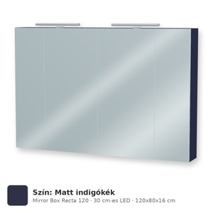 Tboss Mirror Box Recta 120 tükrös felsőszekrény, 4 ajtós, 30 cm-es LED-lámpával, Matt indigókék