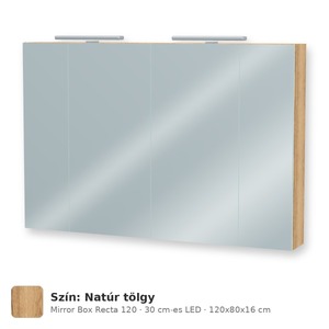 Tboss Mirror Box Recta 120 tükrös felsőszekrény, 4 ajtós, 30 cm-es LED-lámpával, Natúr tölgy