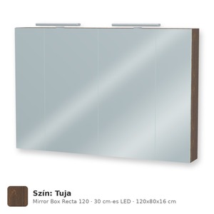 Tboss Mirror Box Recta 120 tükrös felsőszekrény, 4 ajtós, 30 cm-es LED-lámpával, Tuja