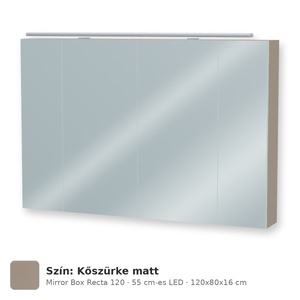 Tboss Mirror Box Recta 120 tükrös felsőszekrény, 4 ajtós, 55 cm-es LED-lámpával, Kőszürke matt