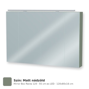 Tboss Mirror Box Recta 120 tükrös felsőszekrény, 4 ajtós, 55 cm-es LED-lámpával, Matt nádzöld