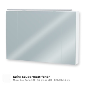 Tboss Mirror Box Recta 120 tükrös felsőszekrény, 4 ajtós, 55 cm-es LED-lámpával, Szupermatt fehér