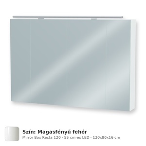 Tboss Mirror Box Recta 120 tükrös felsőszekrény, 4 ajtós, 55 cm-es LED-lámpával, Magasfényű fehér