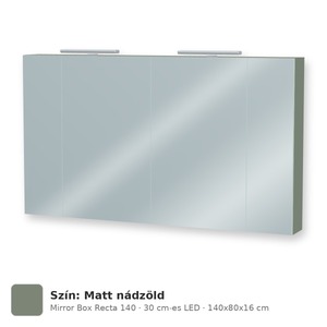 Tboss Mirror Box Recta 140 tükrös felsőszekrény, 4 ajtós, 30 cm-es LED-lámpával, Matt nádzöld