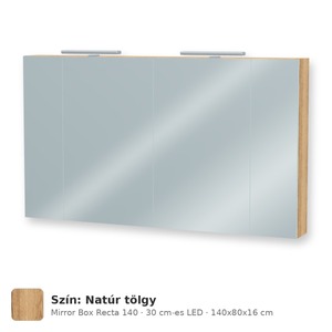 Tboss Mirror Box Recta 140 tükrös felsőszekrény, 4 ajtós, 30 cm-es LED-lámpával, Natúr tölgy