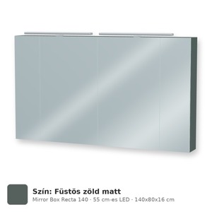 Tboss Mirror Box Recta 140 tükrös felsőszekrény, 4 ajtós, 55 cm-es LED-lámpával, Füstös zöld matt