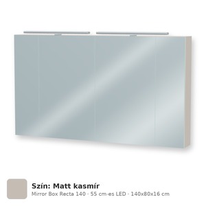 Tboss Mirror Box Recta 140 tükrös felsőszekrény, 4 ajtós, 55 cm-es LED-lámpával, Matt kasmír