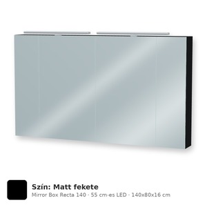 Tboss Mirror Box Recta 140 tükrös felsőszekrény, 4 ajtós, 55 cm-es LED-lámpával, Matt fekete