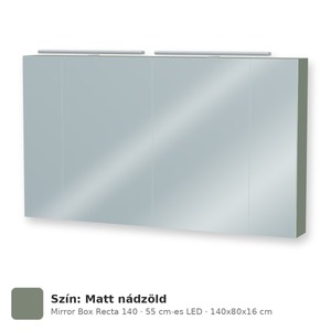 Tboss Mirror Box Recta 140 tükrös felsőszekrény, 4 ajtós, 55 cm-es LED-lámpával, Matt nádzöld