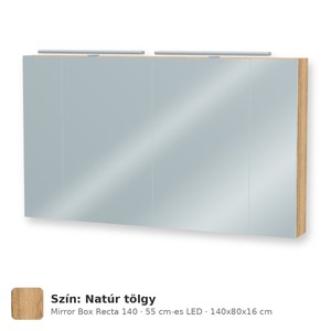 Tboss Mirror Box Recta 140 tükrös felsőszekrény, 4 ajtós, 55 cm-es LED-lámpával, Natúr tölgy