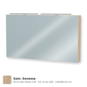 Tboss Mirror Box Recta 140 tükrös felsőszekrény, 4 ajtós, 55 cm-es LED-lámpával, Sonoma