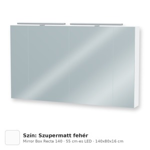 Tboss Mirror Box Recta 140 tükrös felsőszekrény, 4 ajtós, 55 cm-es LED-lámpával, Szupermatt fehér
