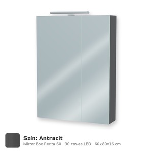 Tboss Mirror Box Recta 60 tükrös felsőszekrény, 2 ajtós, 30 cm-es LED-lámpával, Antracit