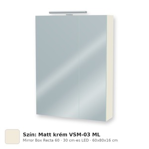 Tboss Mirror Box Recta 60 tükrös felsőszekrény, 2 ajtós, 30 cm-es LED-lámpával, Matt krém VSM-03 ML