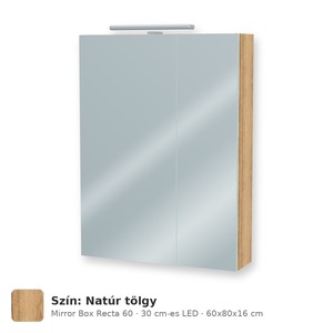 Tboss Mirror Box Recta 60 tükrös felsőszekrény, 2 ajtós, 30 cm-es LED-lámpával, Natúr tölgy