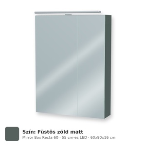Tboss Mirror Box Recta 60 tükrös felsőszekrény, 2 ajtós, 55 cm-es LED-lámpával, Füstös zöld matt
