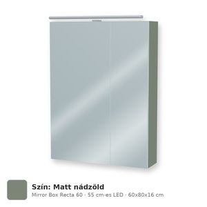 Tboss Mirror Box Recta 60 tükrös felsőszekrény, 2 ajtós, 55 cm-es LED-lámpával, Matt nádzöld
