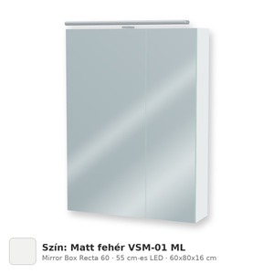 Tboss Mirror Box Recta 60 tükrös felsőszekrény, 2 ajtós, 55 cm-es LED-lámpával, Matt fehér VSM-01 ML