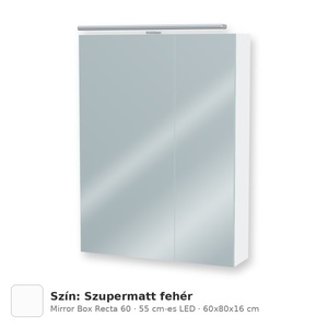 Tboss Mirror Box Recta 60 tükrös felsőszekrény, 2 ajtós, 55 cm-es LED-lámpával, Szupermatt fehér