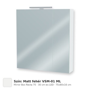 Tboss Mirror Box Recta 75 tükrös felsőszekrény, 2 ajtós, 30 cm-es LED-lámpával, Matt fehér VSM-01 ML