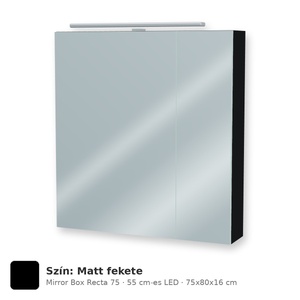 Tboss Mirror Box Recta 75 tükrös felsőszekrény, 2 ajtós, 55 cm-es LED-lámpával, Matt fekete
