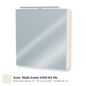 Tboss Mirror Box Recta 75 tükrös felsőszekrény, 2 ajtós, 55 cm-es LED-lámpával, Matt krém VSM-03 ML