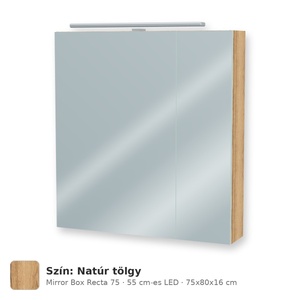Tboss Mirror Box Recta 75 tükrös felsőszekrény, 2 ajtós, 55 cm-es LED-lámpával, Natúr tölgy