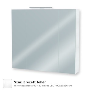 Tboss Mirror Box Recta 90 tükrös felsőszekrény, 3 ajtós, 30 cm-es LED-lámpával, Erezett fehér