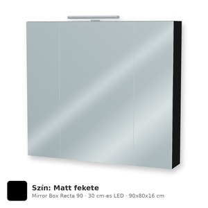 Tboss Mirror Box Recta 90 tükrös felsőszekrény, 3 ajtós, 30 cm-es LED-lámpával, Matt fekete
