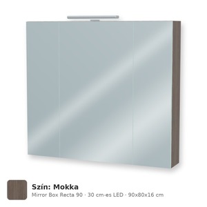 Tboss Mirror Box Recta 90 tükrös felsőszekrény, 3 ajtós, 30 cm-es LED-lámpával, Mokka