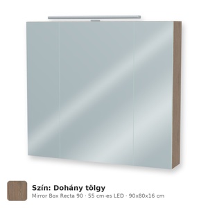 Tboss Mirror Box Recta 90 tükrös felsőszekrény, 3 ajtós, 55 cm-es LED-lámpával, Dohány tölgy