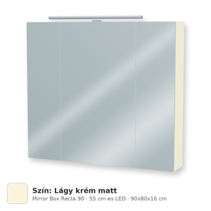 Tboss Mirror Box Recta 90 tükrös felsőszekrény, 3 ajtós, 55 cm-es LED-lámpával, Lágy krém matt