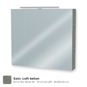 Tboss Mirror Box Recta 90 tükrös felsőszekrény, 3 ajtós, 55 cm-es LED-lámpával, Loft beton