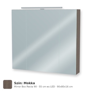 Tboss Mirror Box Recta 90 tükrös felsőszekrény, 3 ajtós, 55 cm-es LED-lámpával, Mokka