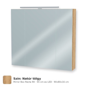 Tboss Mirror Box Recta 90 tükrös felsőszekrény, 3 ajtós, 55 cm-es LED-lámpával, Natúr tölgy