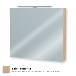 Tboss Mirror Box Recta 90 tükrös felsőszekrény, 3 ajtós, 55 cm-es LED-lámpával, Sonoma