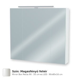 Tboss Mirror Box Recta 90 tükrös felsőszekrény, 3 ajtós, 55 cm-es LED-lámpával, Magasfényű fehér
