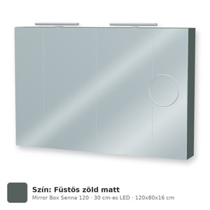 Tboss Mirror Box Senna 120 tükrös felsőszekrény, 4 ajtós, 30 cm-es LED-lámpával, Füstös zöld matt