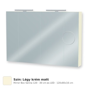 Tboss Mirror Box Senna 120 tükrös felsőszekrény, 4 ajtós, 30 cm-es LED-lámpával, Lágy krém matt